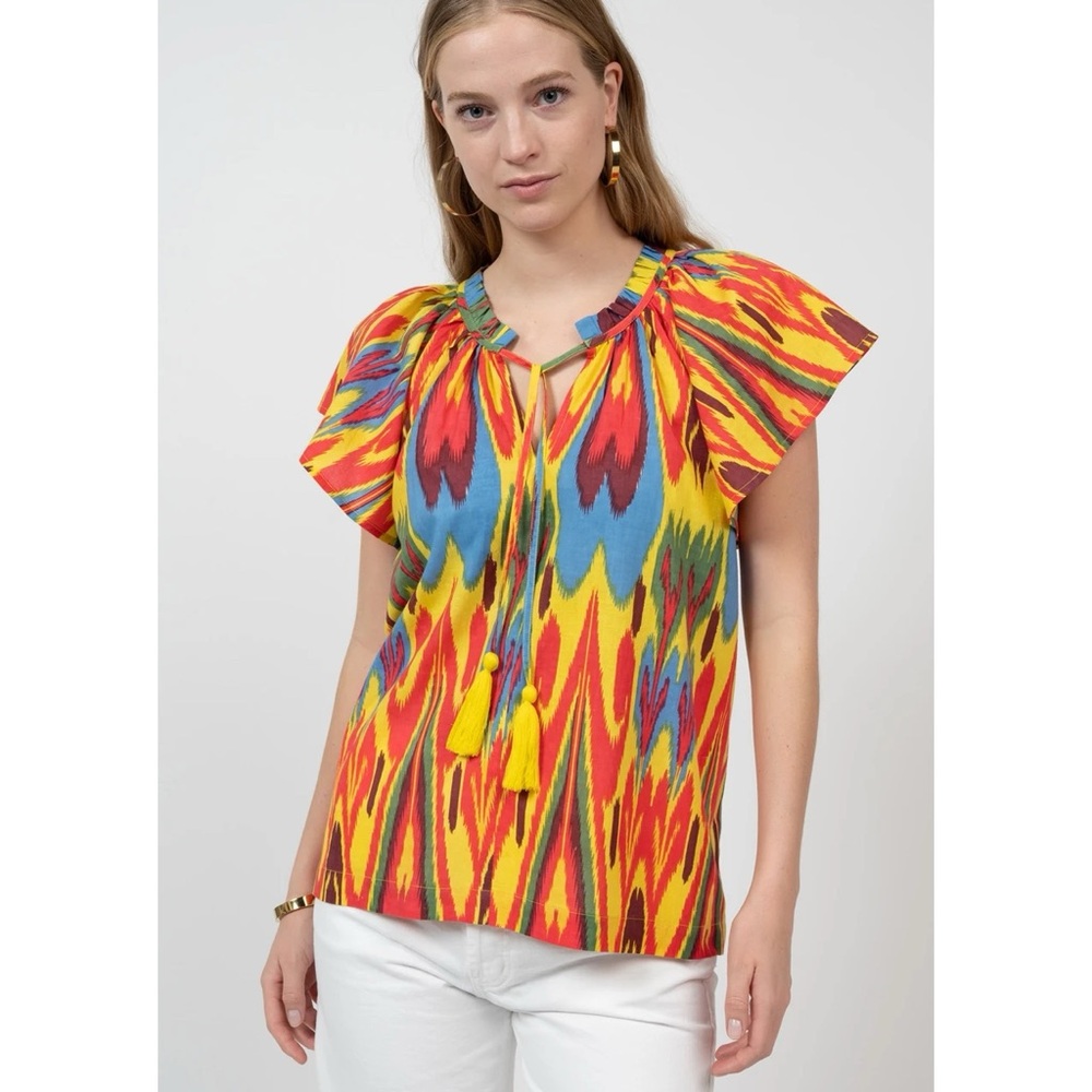 IVY JANE Multicolor Ikat Print Boho Peasant Top Blouse Size Large Ruffled Resort